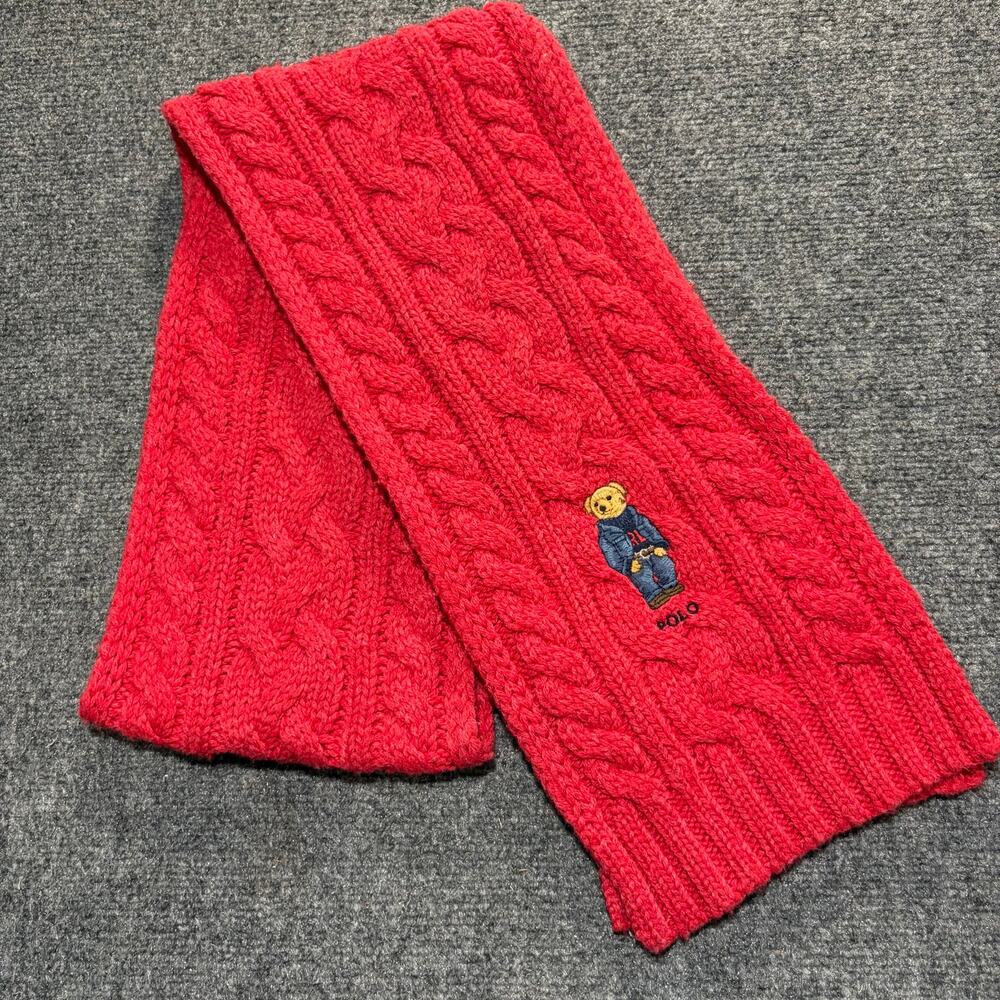 Polo Ralph Lauren Red Cable Knit Winter Scarf Embroidered Polo Bear Logo